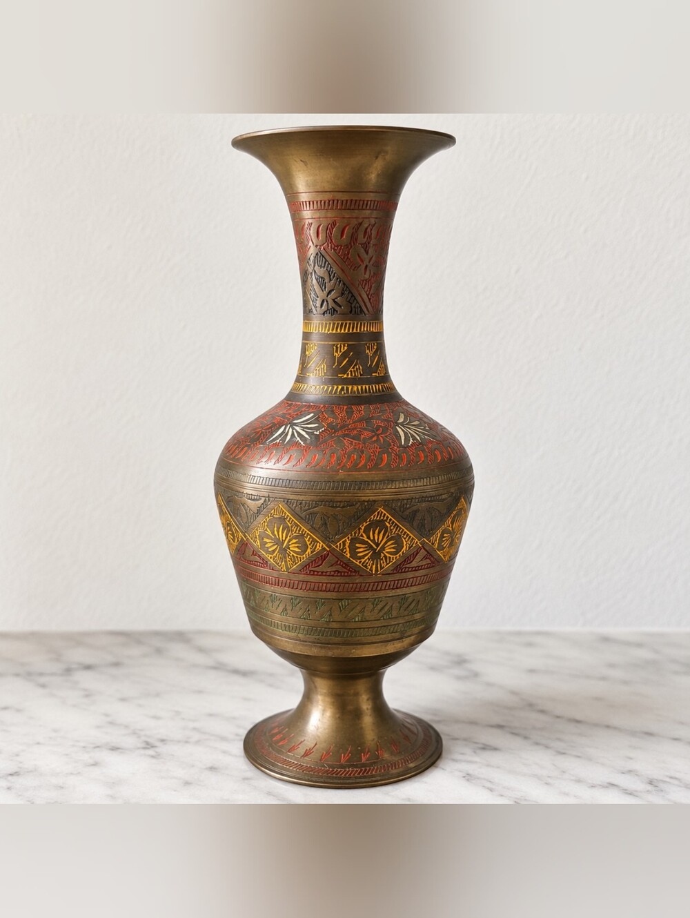 Vintage Engraved Brass Vase Multicolor Floral Geometric Design 10 Inch Decor
